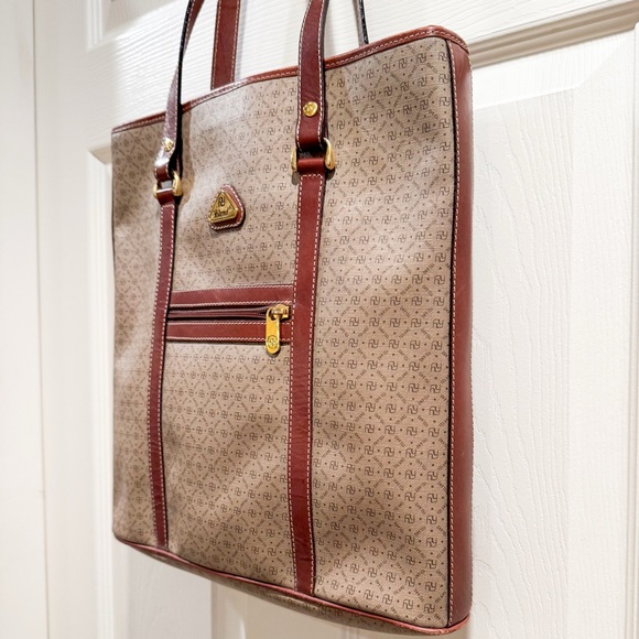 Yoland Monogram Coated Canvas Tote Brown Tan Leather Weekender Large - Picture 4 of 11